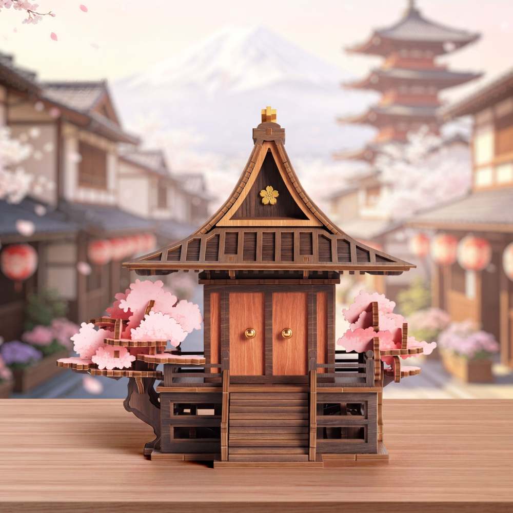 Rowood Sakura Retreat TGA09 finished wooden shrine model with pink cherry blossoms