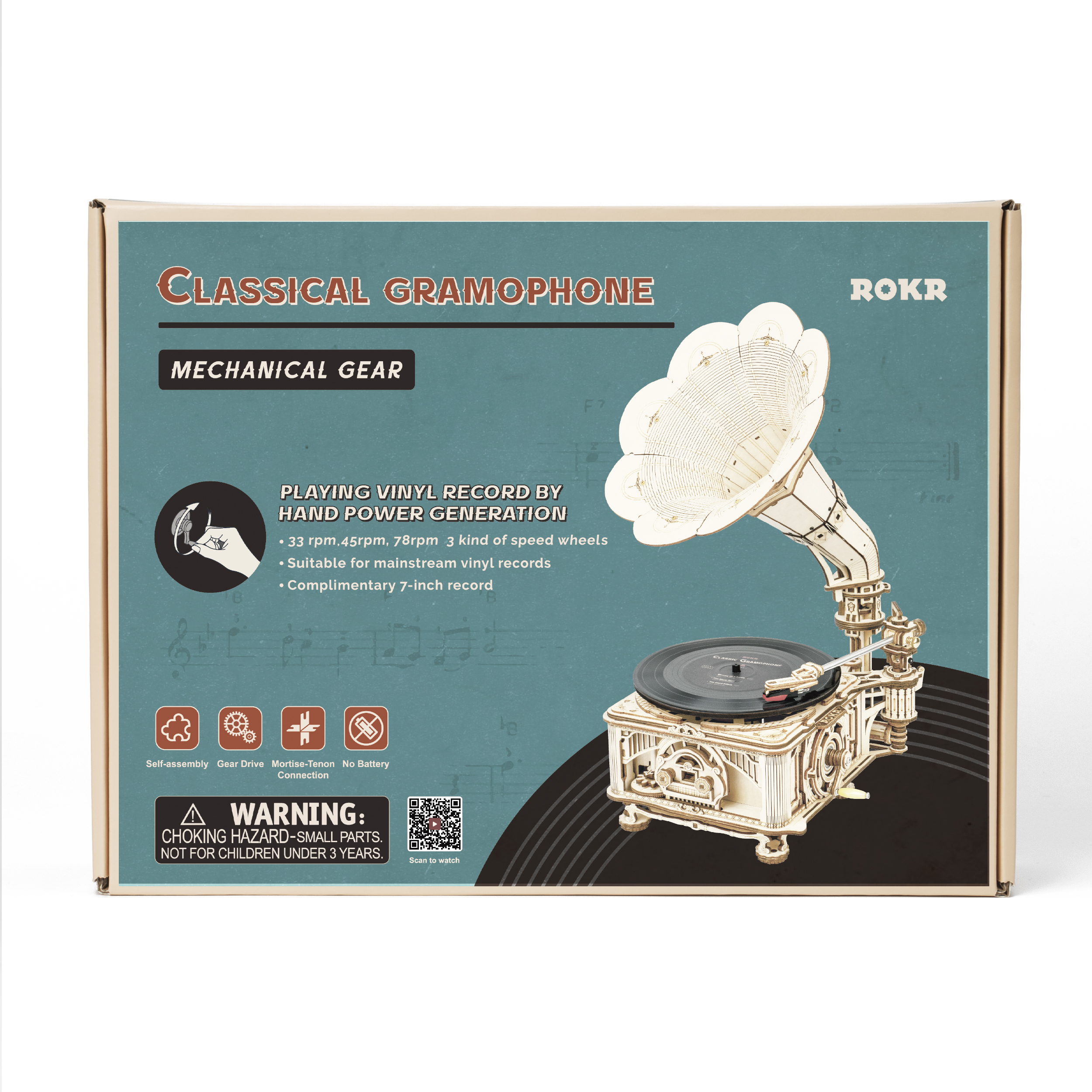 ROKR Classic Gramophone 3D Wooden Puzzle Kit LKB01(Hand Rotating)