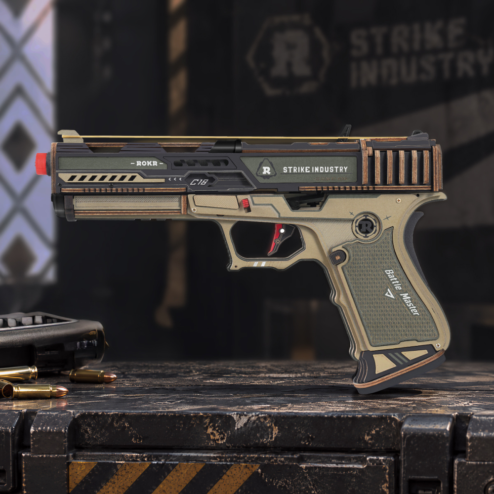 Assembled ROKR Legato C18 Pistol wooden rubber band gun with Strike Industry engraving and weathered finish