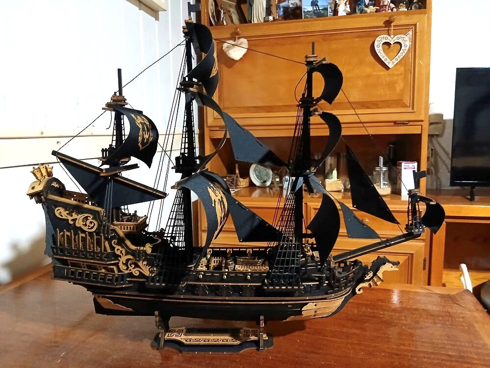 ROKR The Seahorse Barque 3D wooden puzzle assembled as a detailed sailing ship