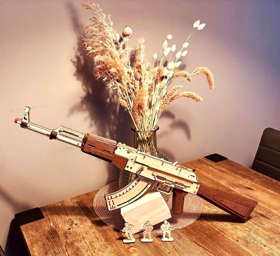 ROKR AK-47 Assault Rifle Gun Toy 3D wooden puzzle displayed as a beginner&rsquo;s first advanced-style build