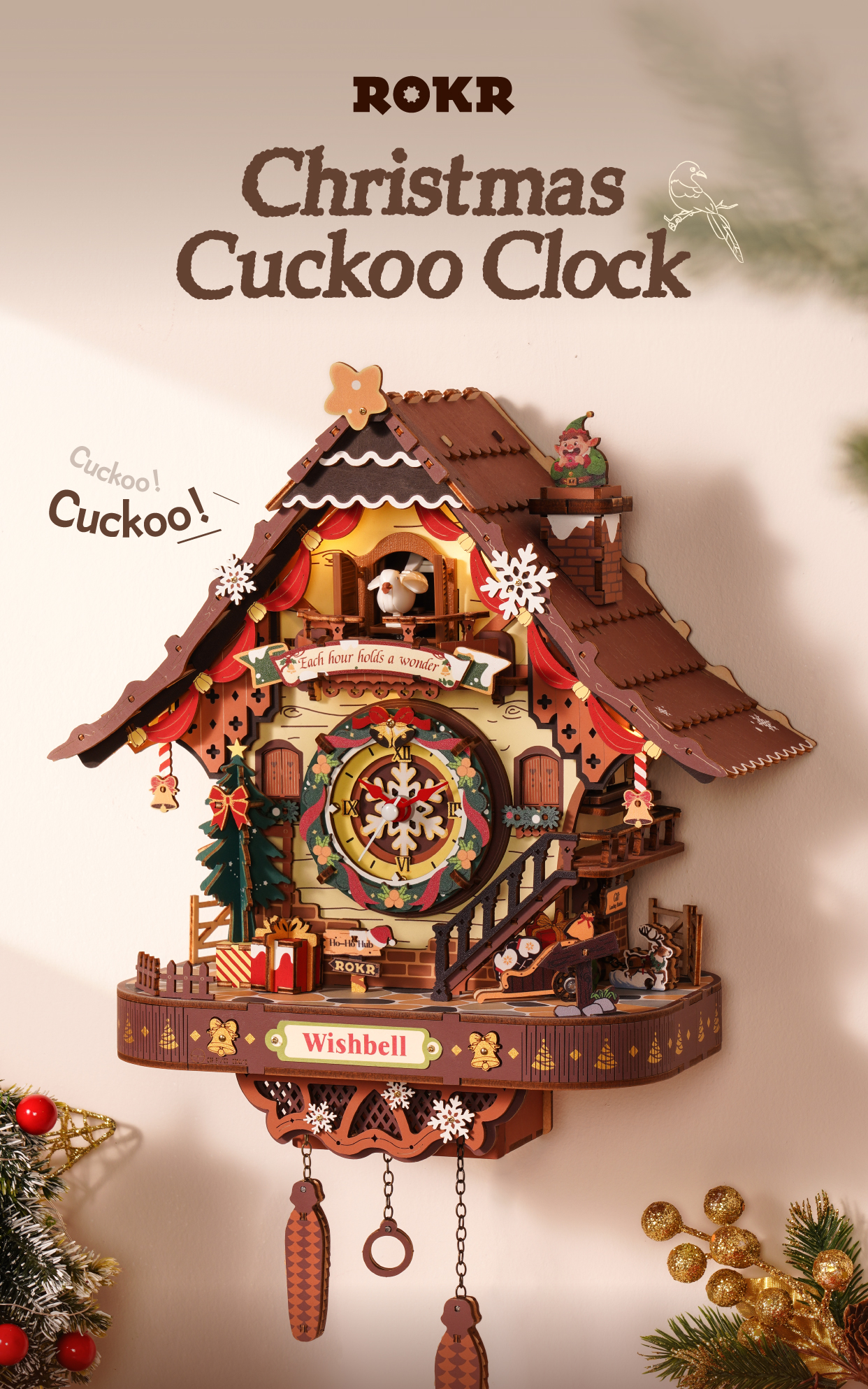 Christmas Cuckoo Clock LCB01 feature detail panel showing product highlights for SKU LCB01