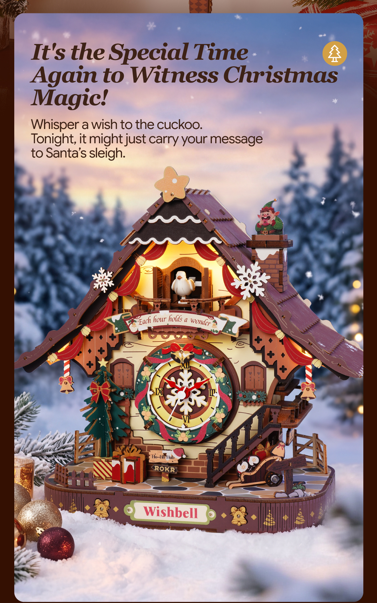 Christmas Cuckoo Clock LCB01 feature detail panel showing product highlights for SKU LCB01