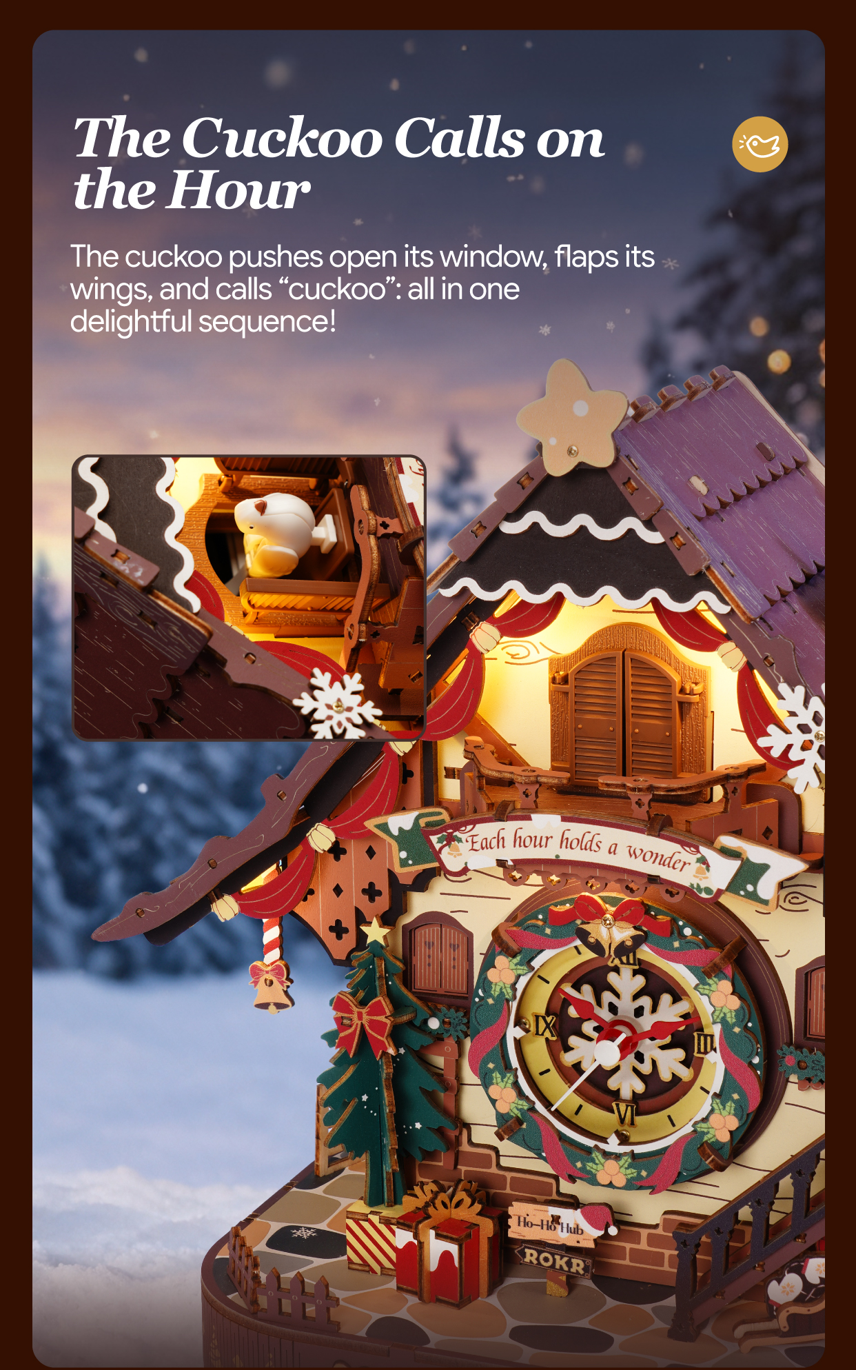Christmas Cuckoo Clock LCB01 feature detail panel showing product highlights for SKU LCB01