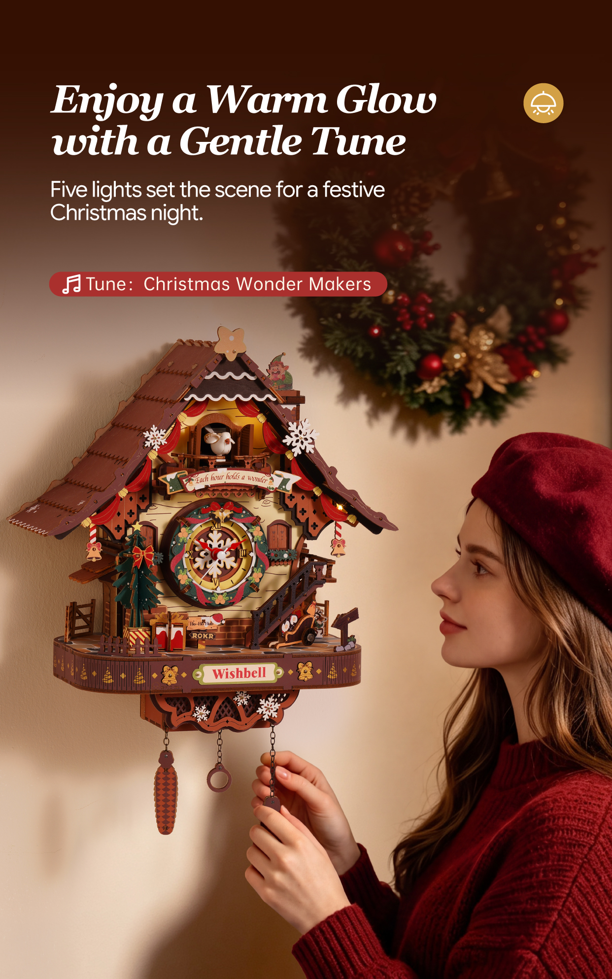 Christmas Cuckoo Clock LCB01 feature detail panel showing product highlights for SKU LCB01
