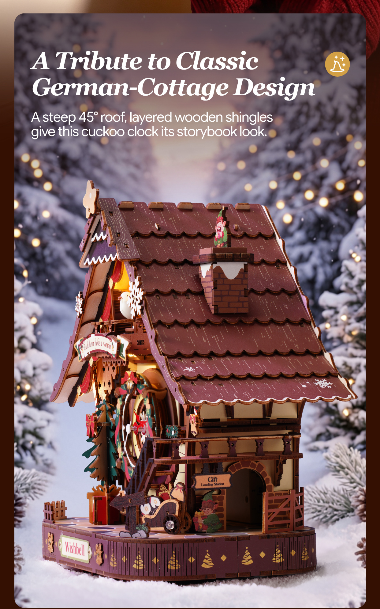 Christmas Cuckoo Clock LCB01 feature detail panel showing product highlights for SKU LCB01