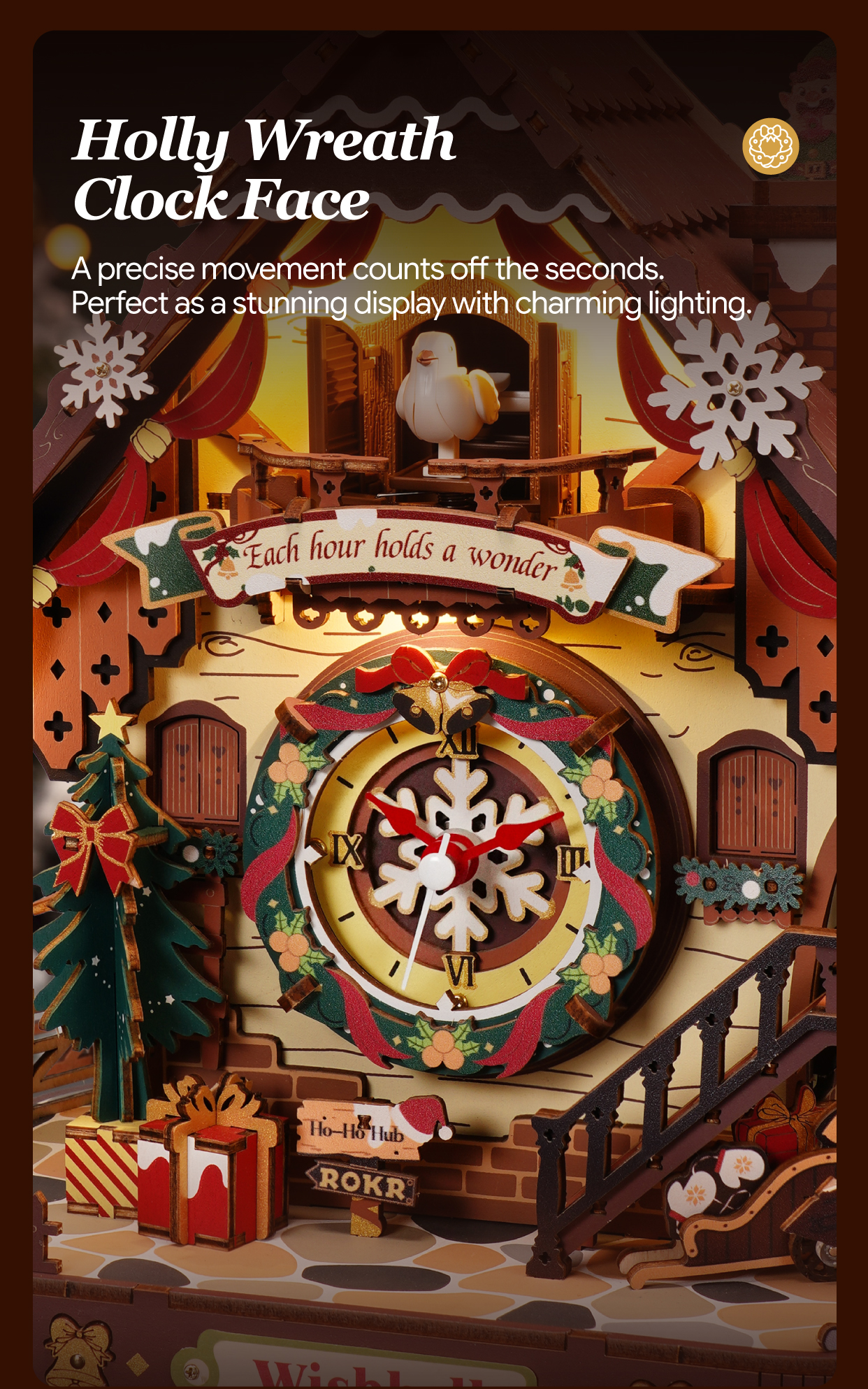 Christmas Cuckoo Clock LCB01 feature detail panel showing product highlights for SKU LCB01