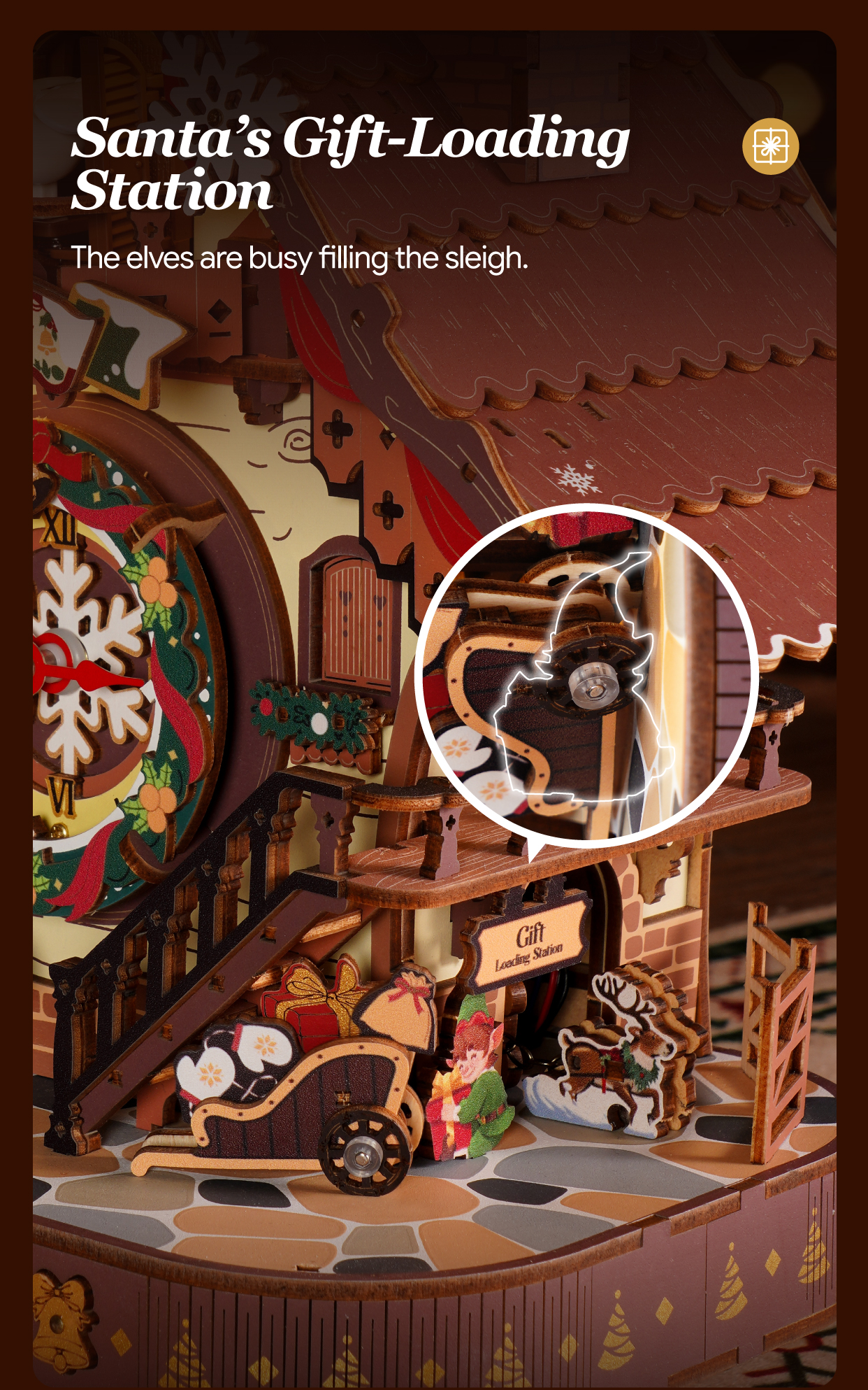 Christmas Cuckoo Clock LCB01 feature detail panel showing product highlights for SKU LCB01