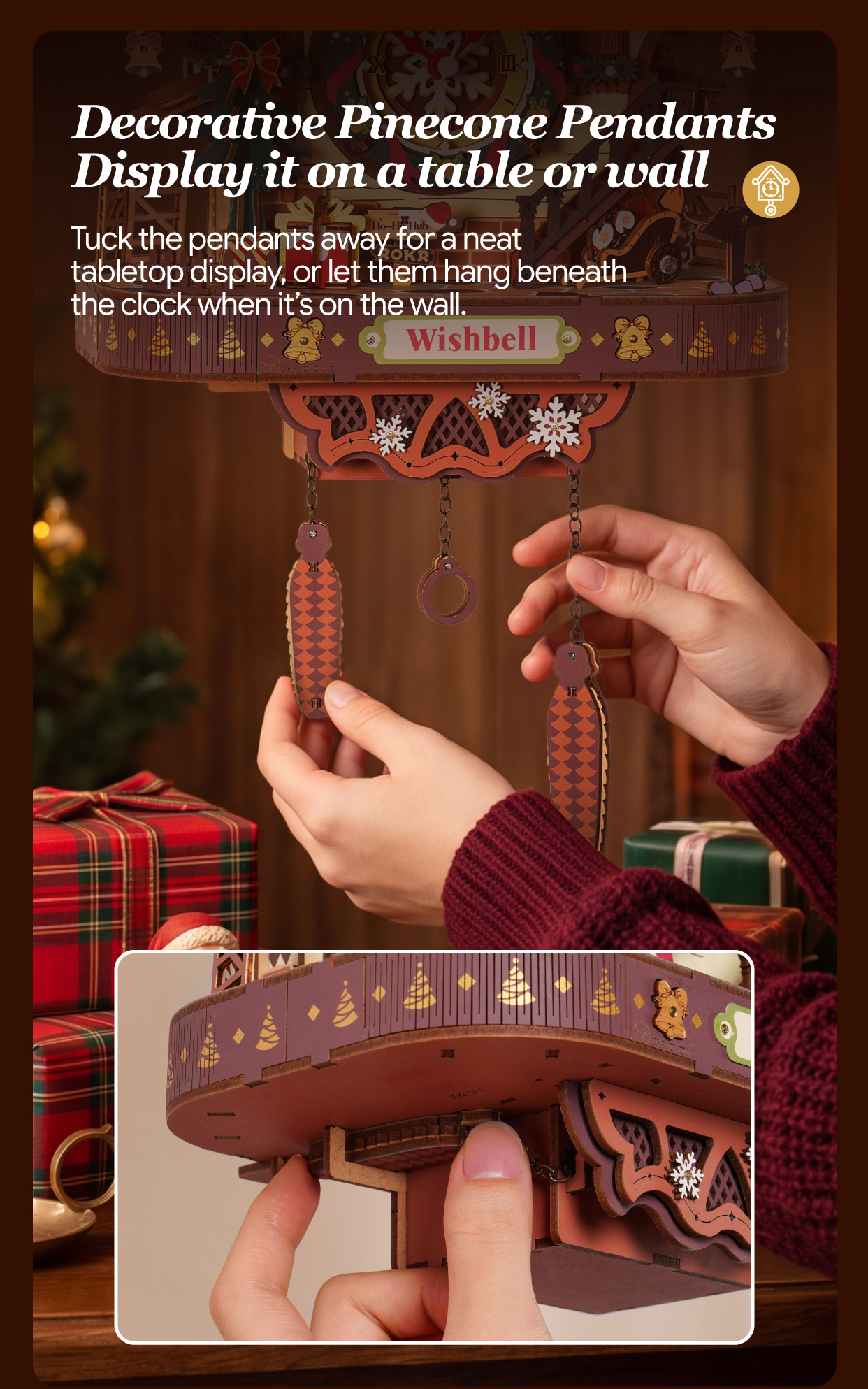 Christmas Cuckoo Clock LCB01 feature detail panel showing product highlights for SKU LCB01