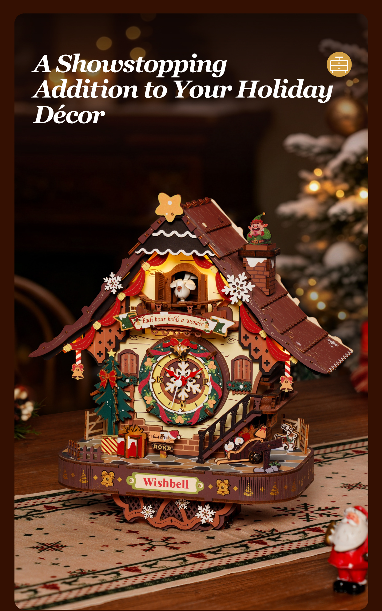 Christmas Cuckoo Clock LCB01 feature detail panel showing product highlights for SKU LCB01