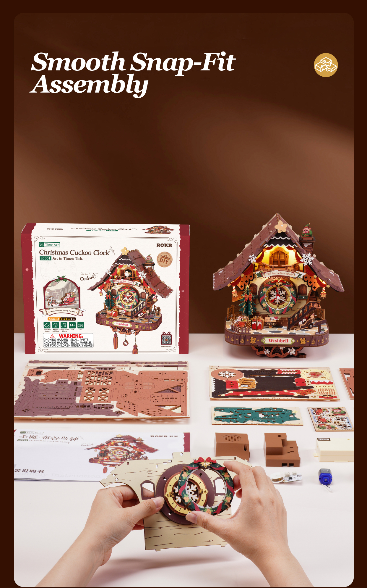 Christmas Cuckoo Clock LCB01 feature detail panel showing product highlights for SKU LCB01