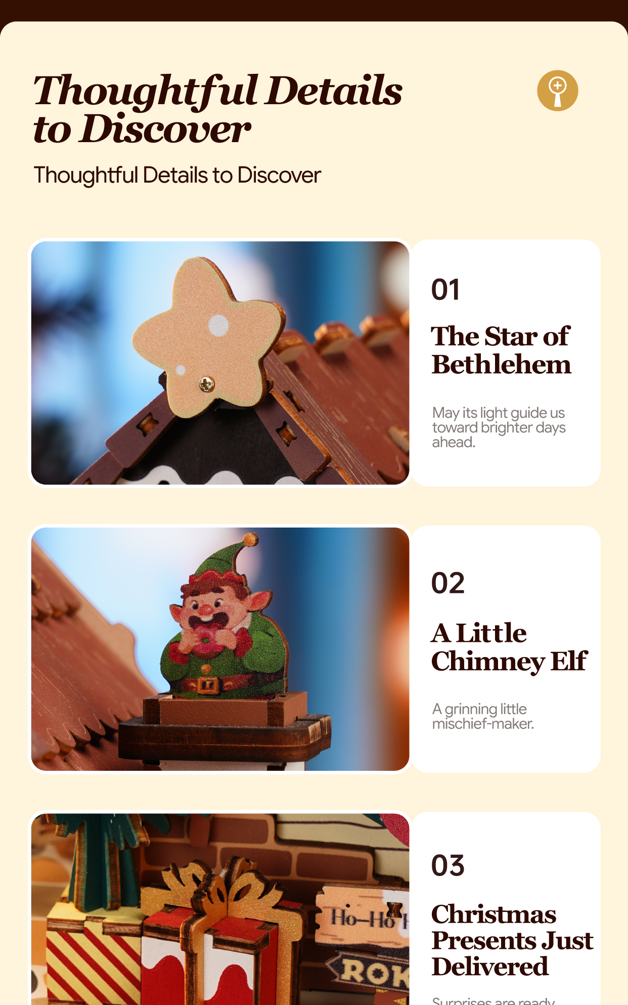 Christmas Cuckoo Clock LCB01 feature detail panel showing product highlights for SKU LCB01