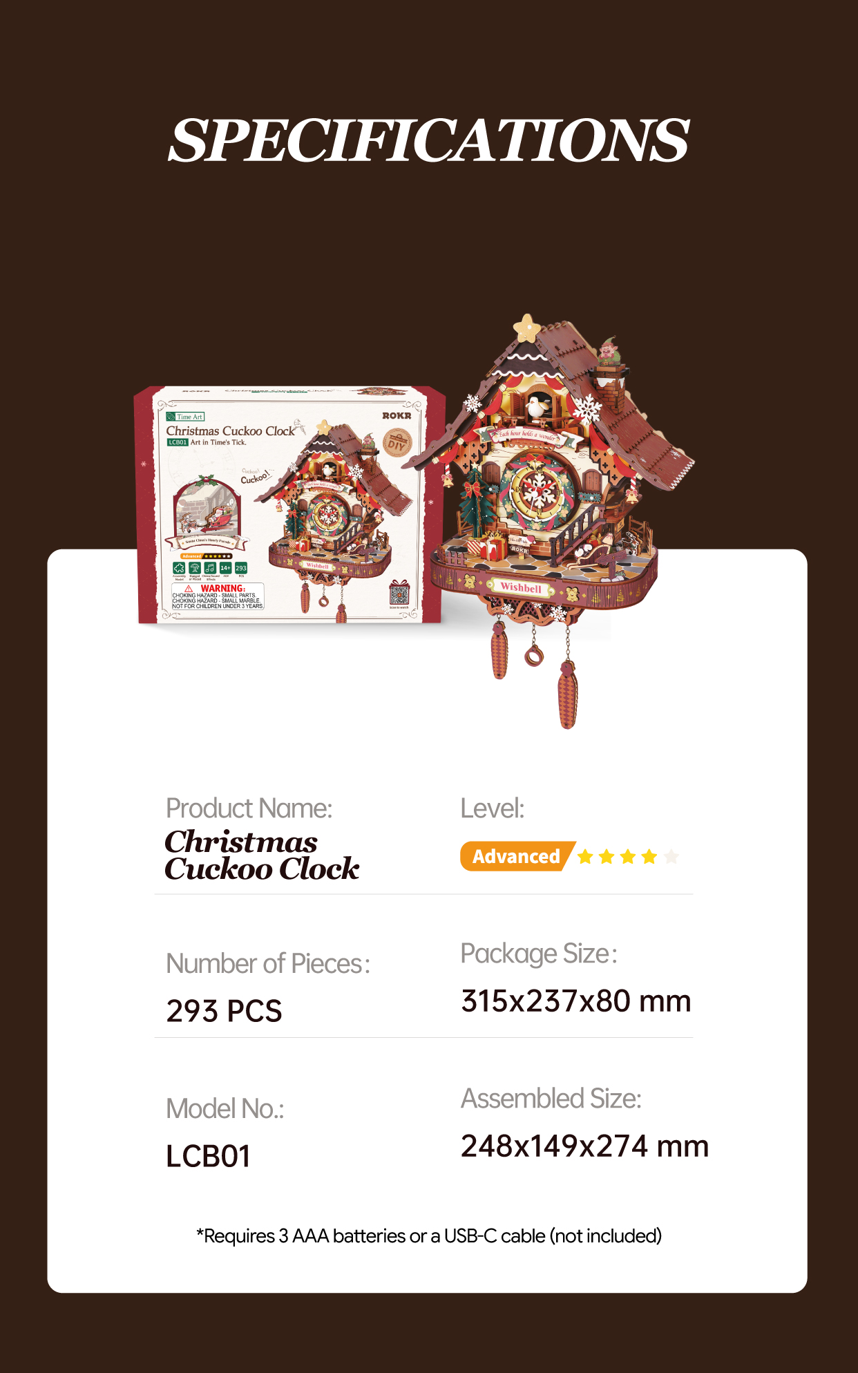 Christmas Cuckoo Clock LCB01 feature detail panel showing product highlights for SKU LCB01