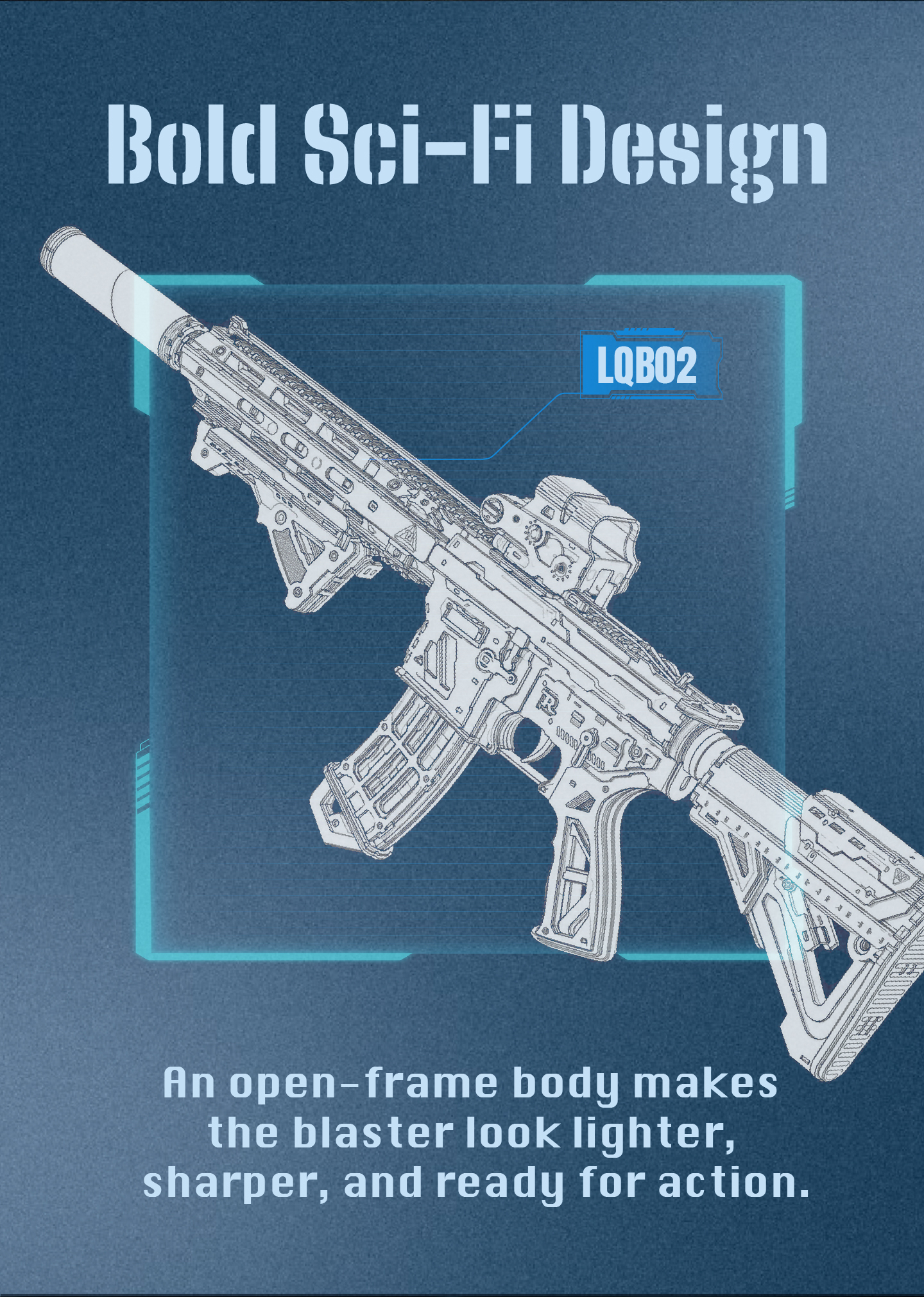 ROKR M416 Carbine LQB02 bold sci-fi design panel showing the open-frame body and lighter ready-for-action shape