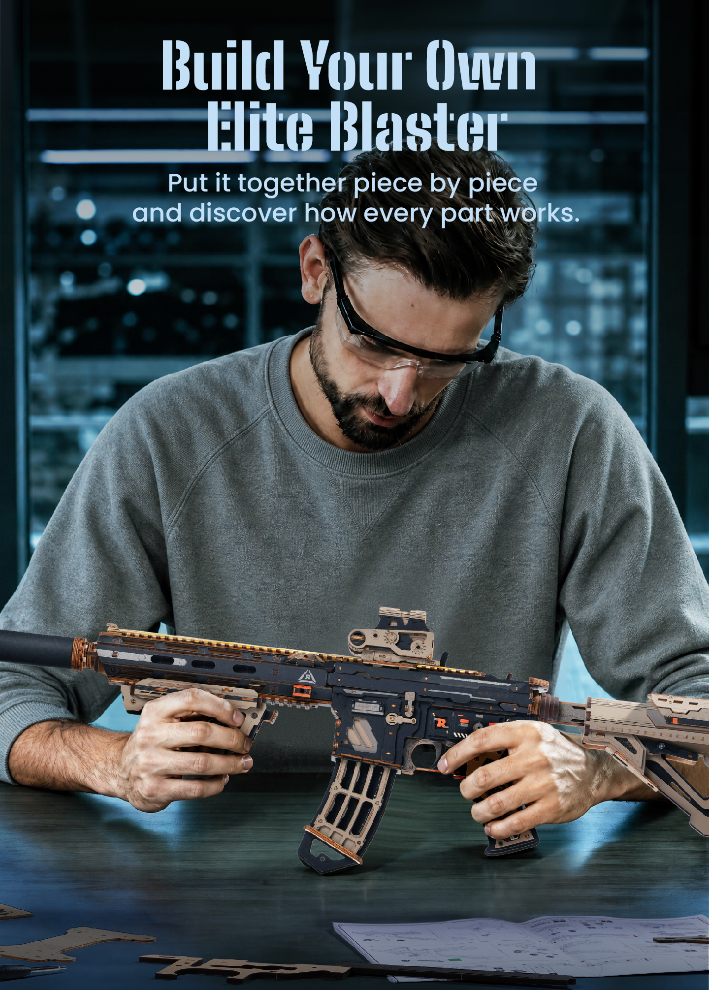 ROKR M416 Carbine LQB02 builder assembling the model piece by piece