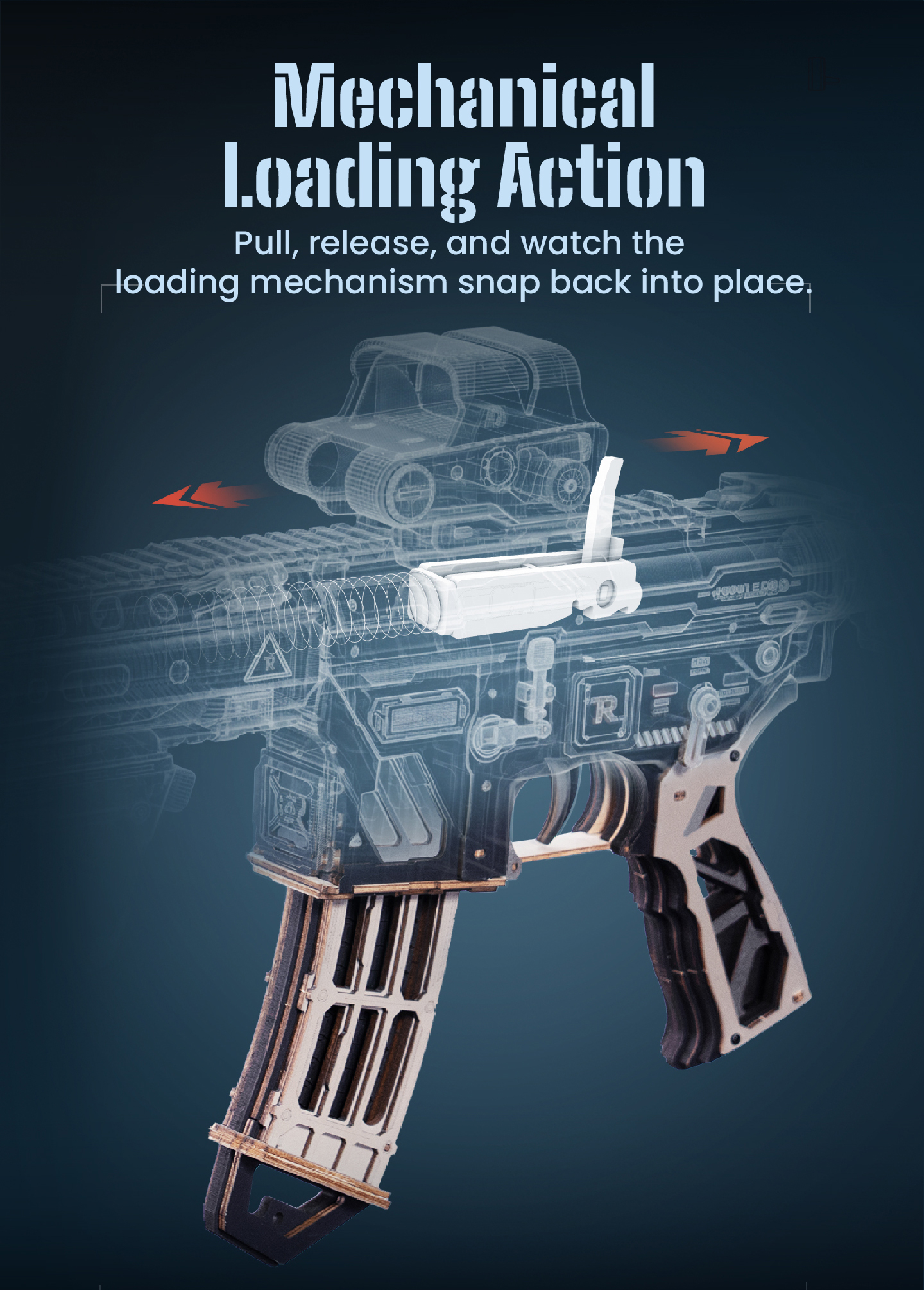 ROKR M416 Carbine LQB02 mechanical loading action panel showing the pull-release loading mechanism
