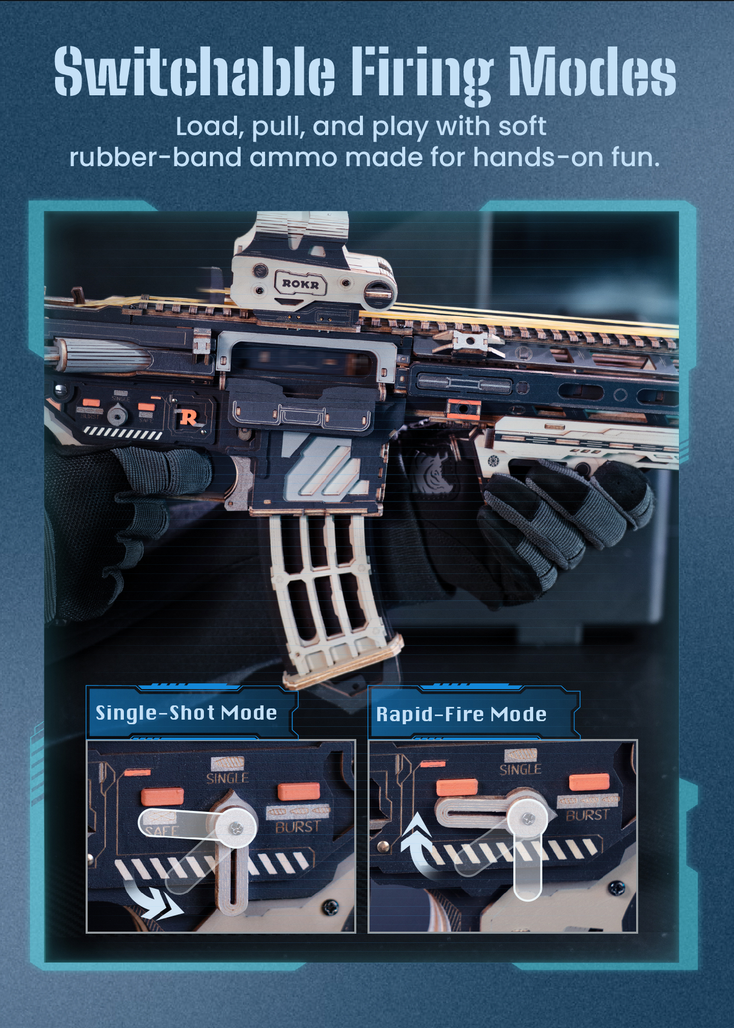 ROKR M416 Carbine LQB02 switchable firing modes panel showing single-shot and rapid-fire modes