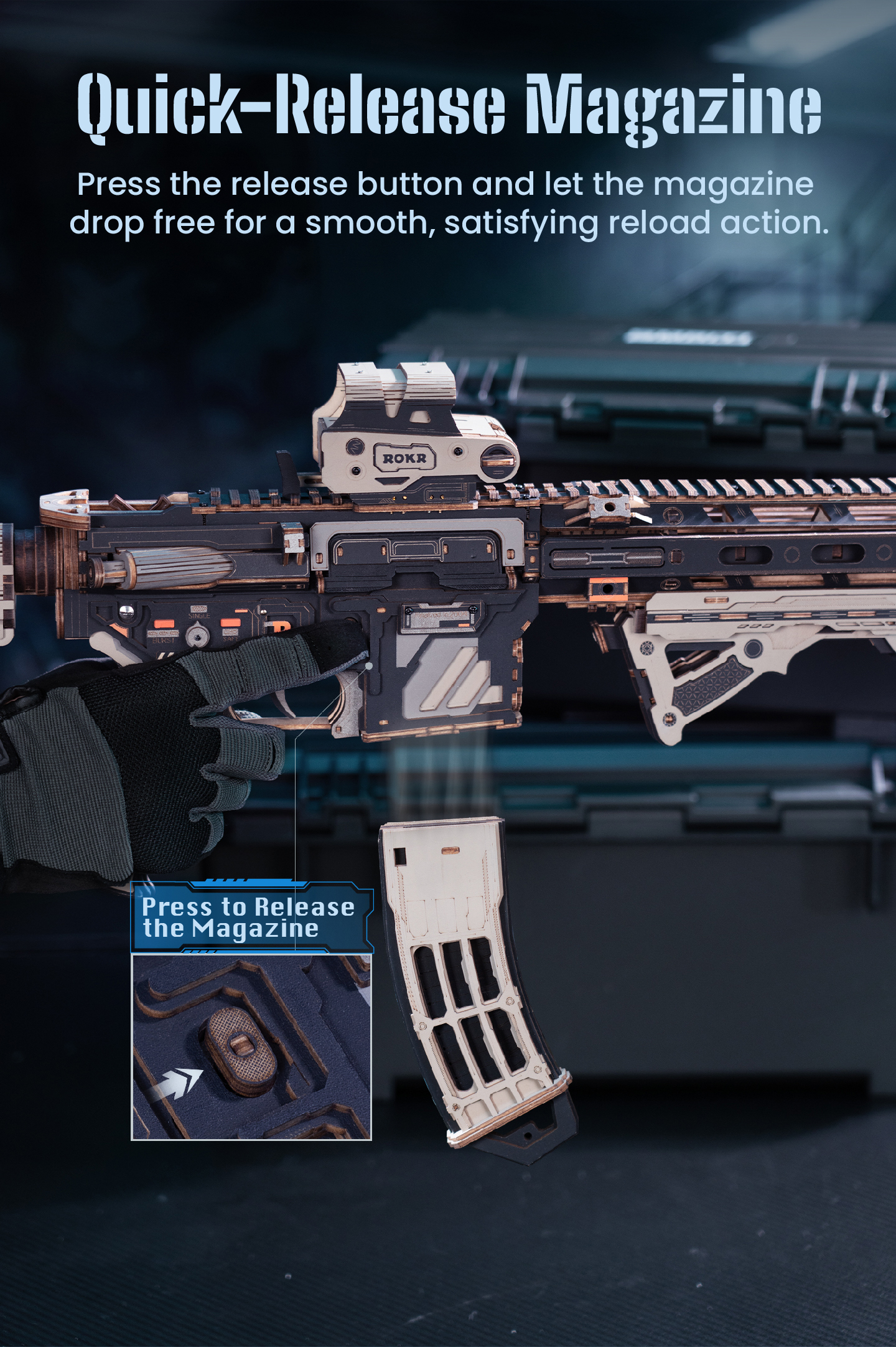 ROKR M416 Carbine LQB02 quick-release magazine feature with press-to-release reload action