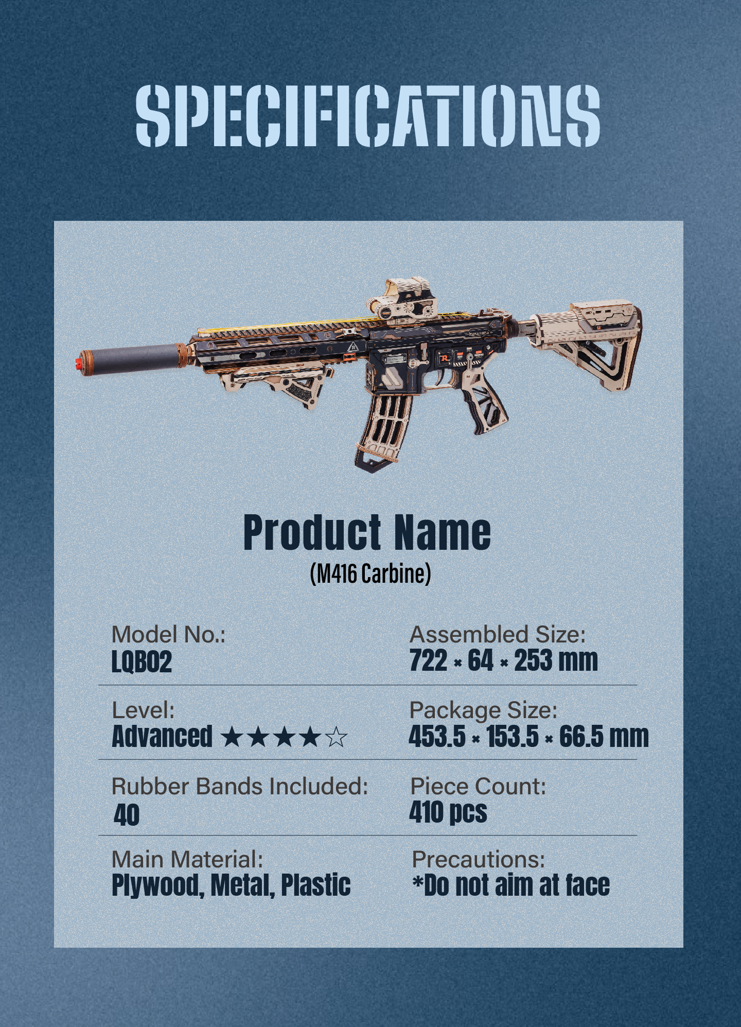ROKR M416 Carbine LQB02 specifications panel with model number, assembled size, pieces, materials, and age level