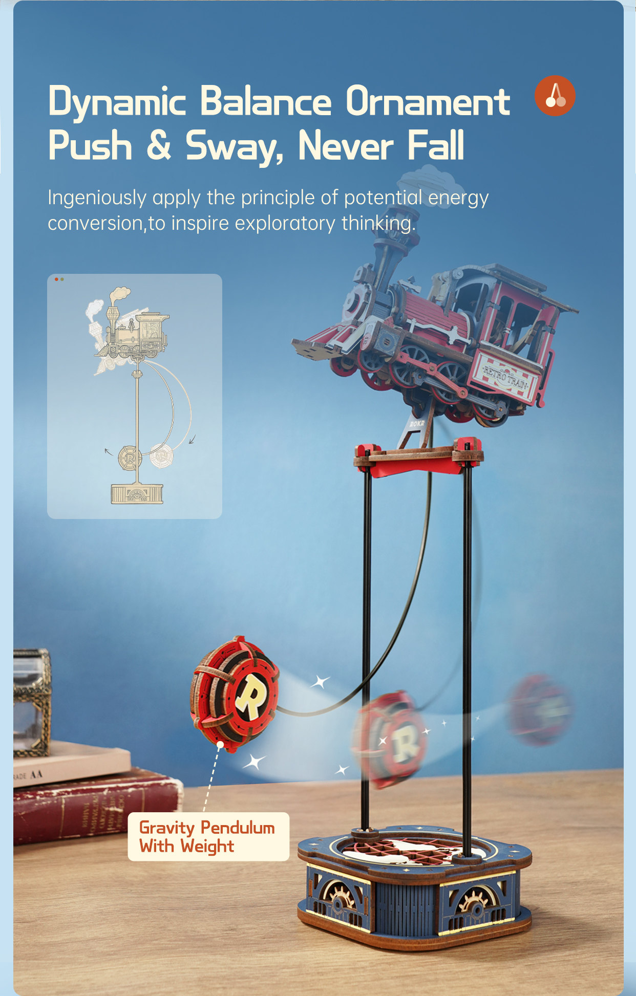 RORK Power Express MCD07 - Pendulum Balance Toy 3D Puzzle finished model and product detail panel for SKU MCD07