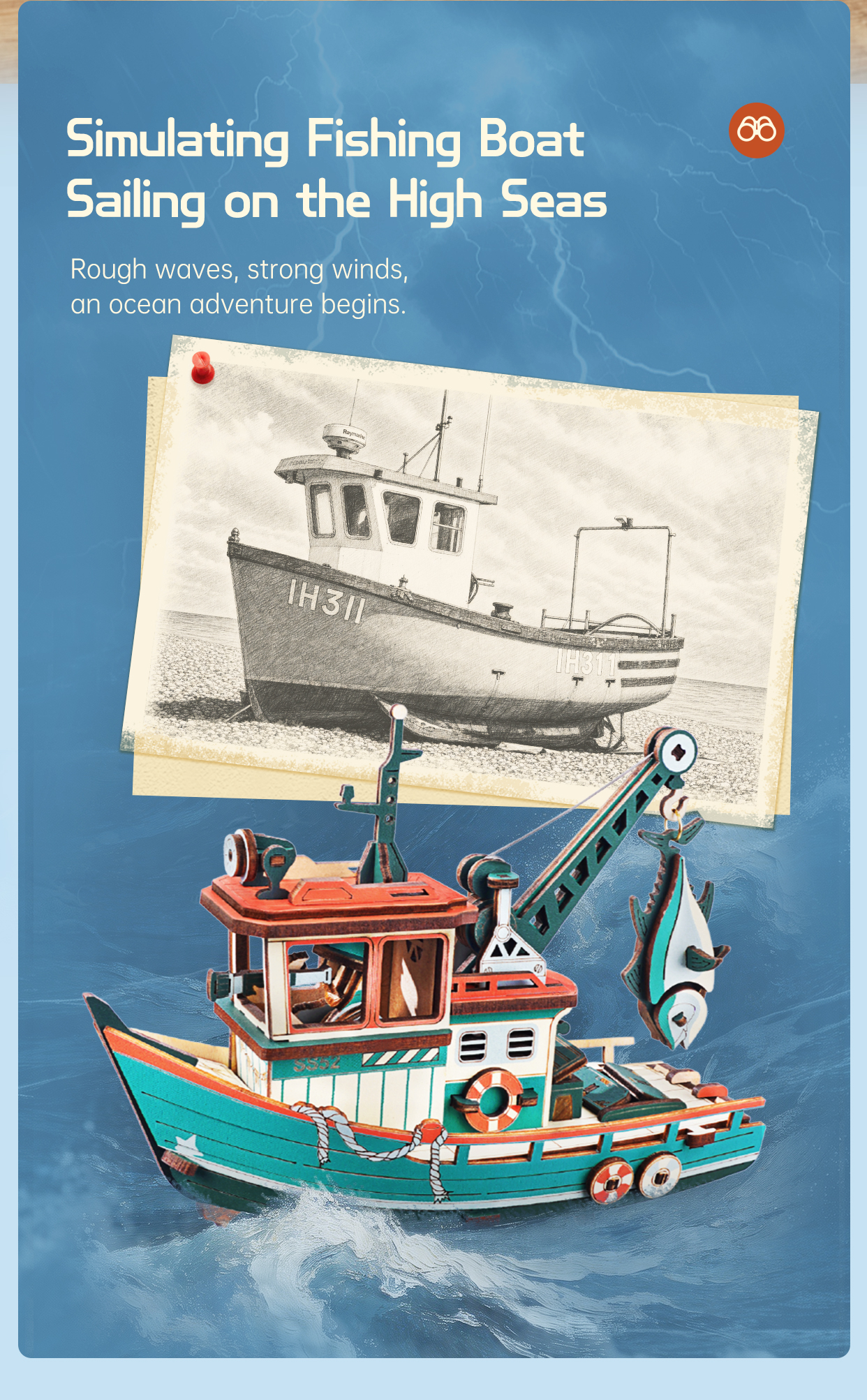 ROKR Lucky Trawler MCD08 - Pendulum Balance Toy 3D Puzzle finished model and product detail panel for SKU MCD08
