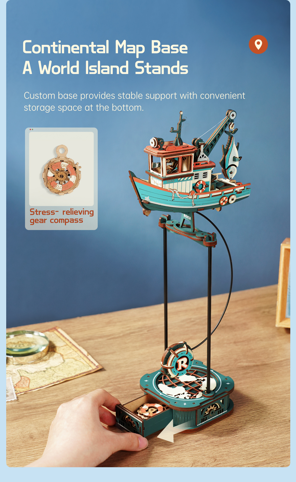 ROKR Lucky Trawler MCD08 - Pendulum Balance Toy 3D Puzzle finished model and product detail panel for SKU MCD08