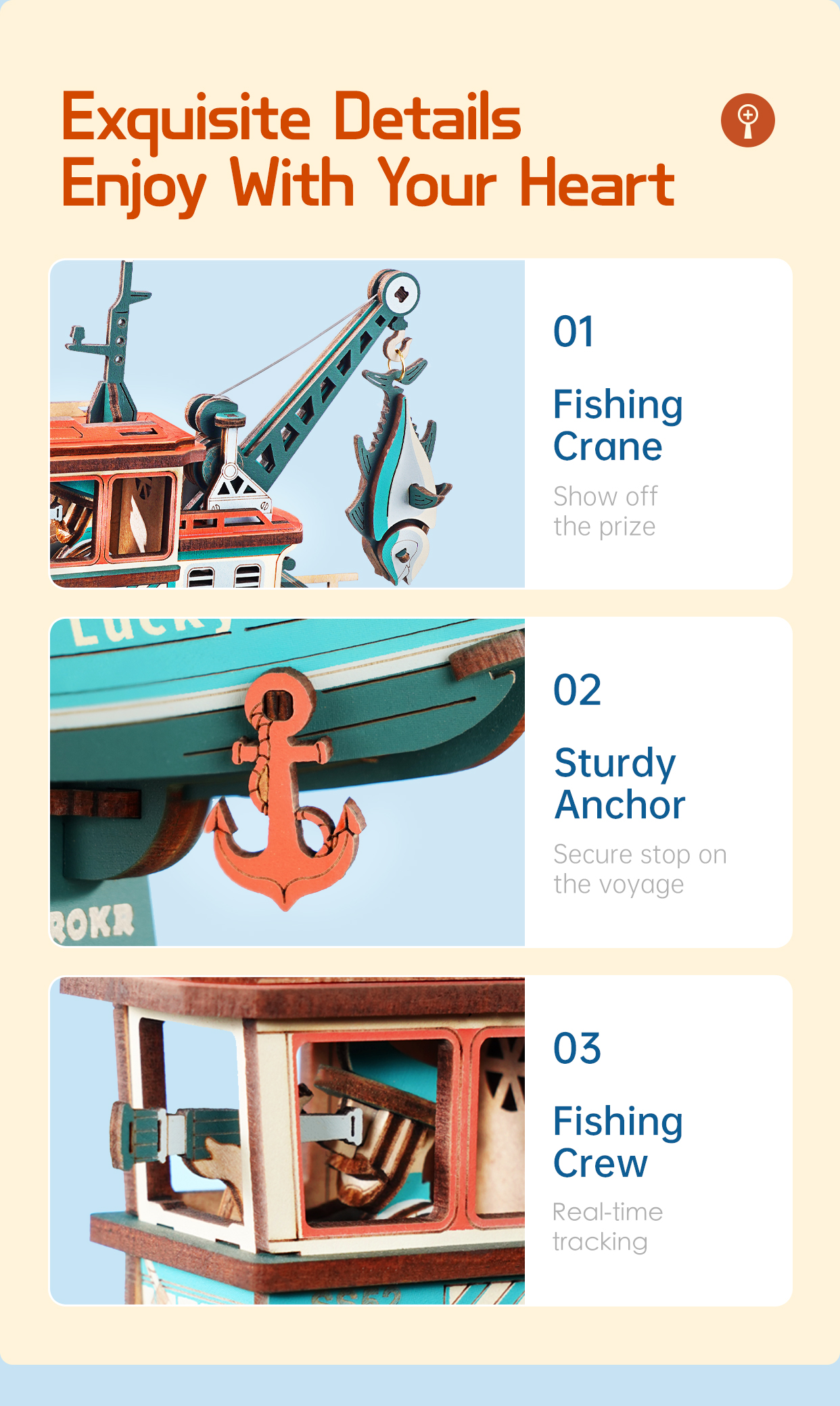 ROKR Lucky Trawler MCD08 - Pendulum Balance Toy 3D Puzzle finished model and product detail panel for SKU MCD08