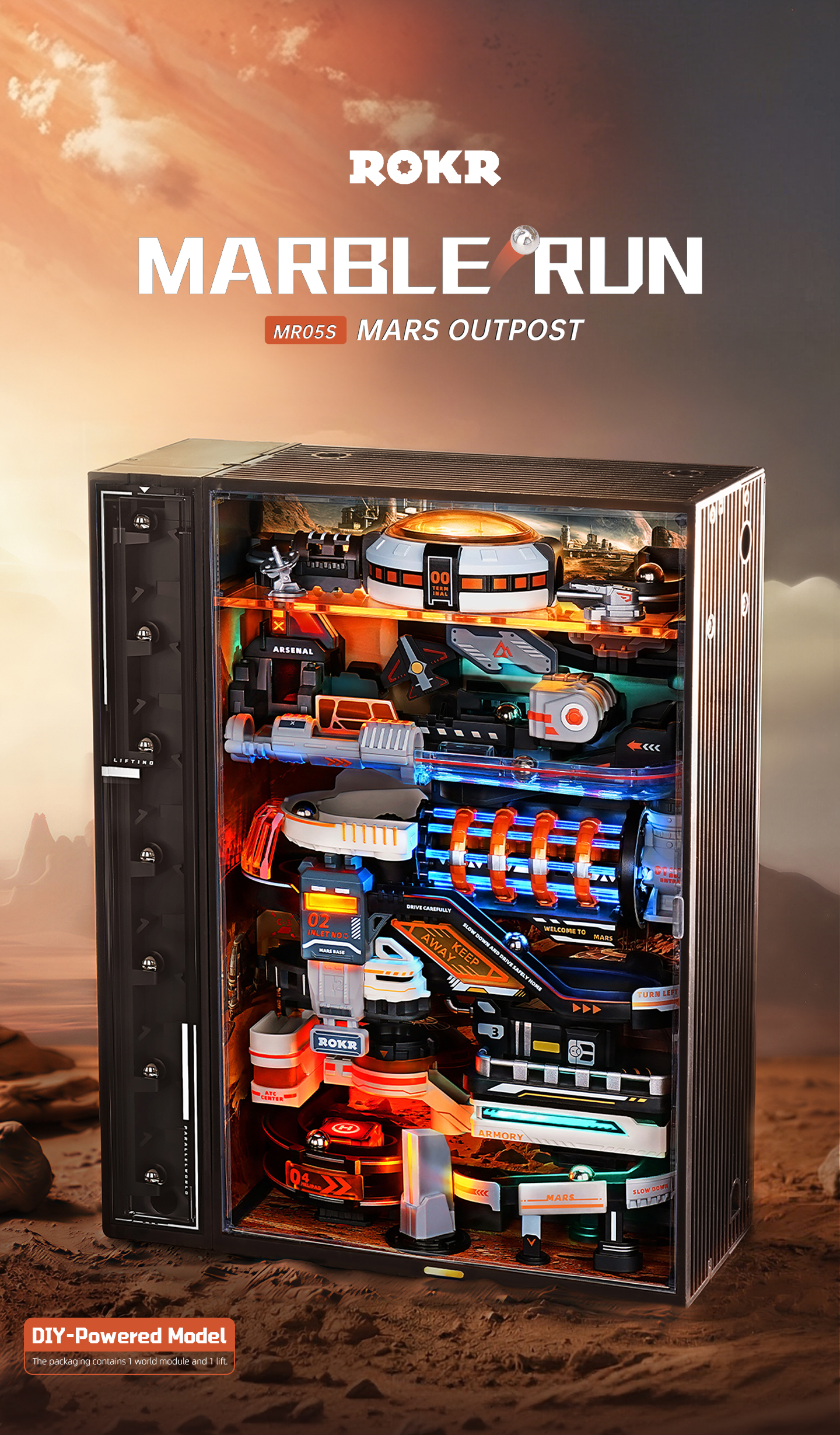 ROKR Mars Outpost MR05S - Marble Run Mechanical 3D Puzzle finished model and product detail panel for SKU MR05S