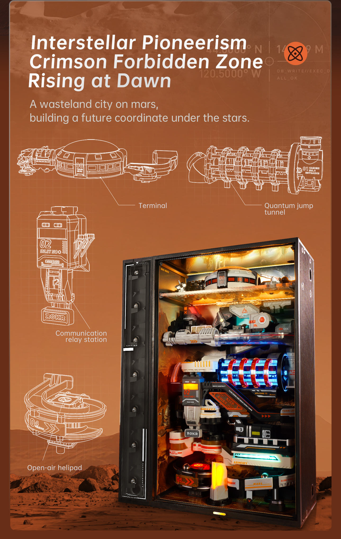 ROKR Mars Outpost MR05S - Marble Run Mechanical 3D Puzzle finished model and product detail panel for SKU MR05S