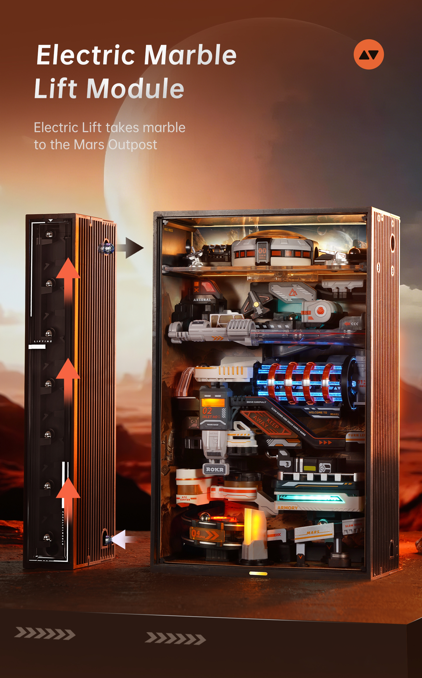 ROKR Mars Outpost MR05S - Marble Run Mechanical 3D Puzzle finished model and product detail panel for SKU MR05S