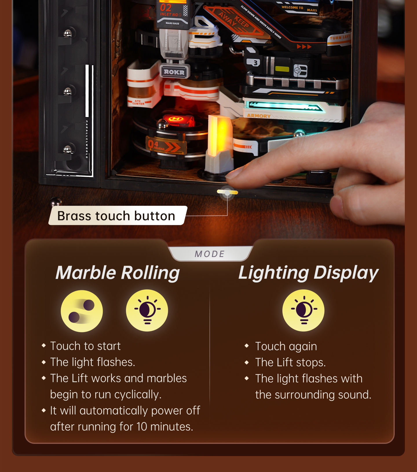 ROKR Mars Outpost MR05S - Marble Run Mechanical 3D Puzzle finished model and product detail panel for SKU MR05S