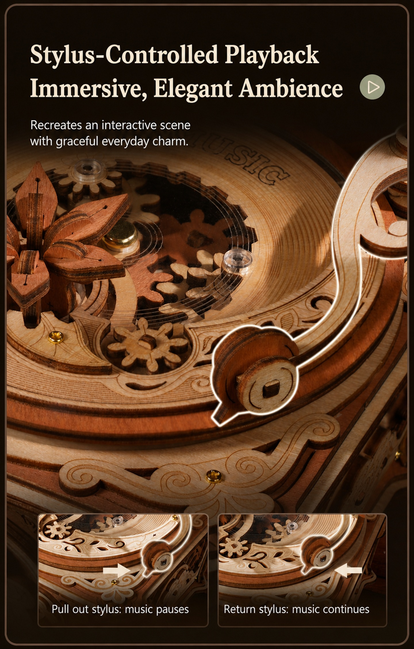 ROKR Diva Gramophone AMK82 mechanical turntable and music box feature poster