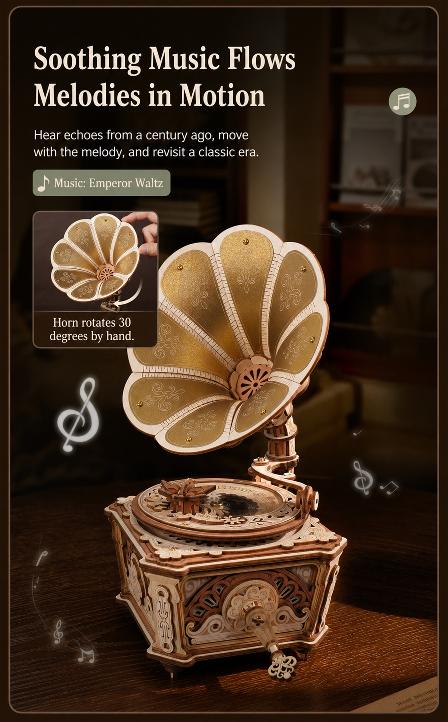 ROKR Diva Gramophone AMK82 hand-cranked gramophone mechanism detail