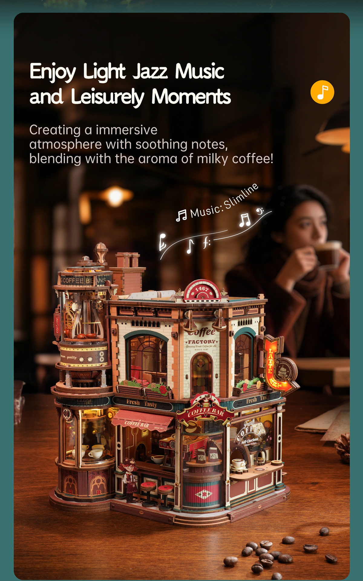 ROKR Dream Coffee Factory EAB02 - Wooden Music Box Model