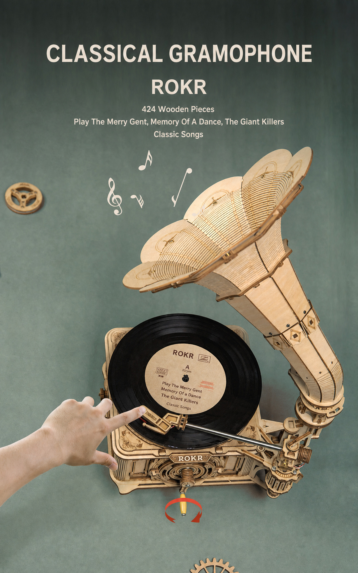 ROKR Classic Gramophone 3D Wooden Puzzle Kit LKB01(Hand Rotating)