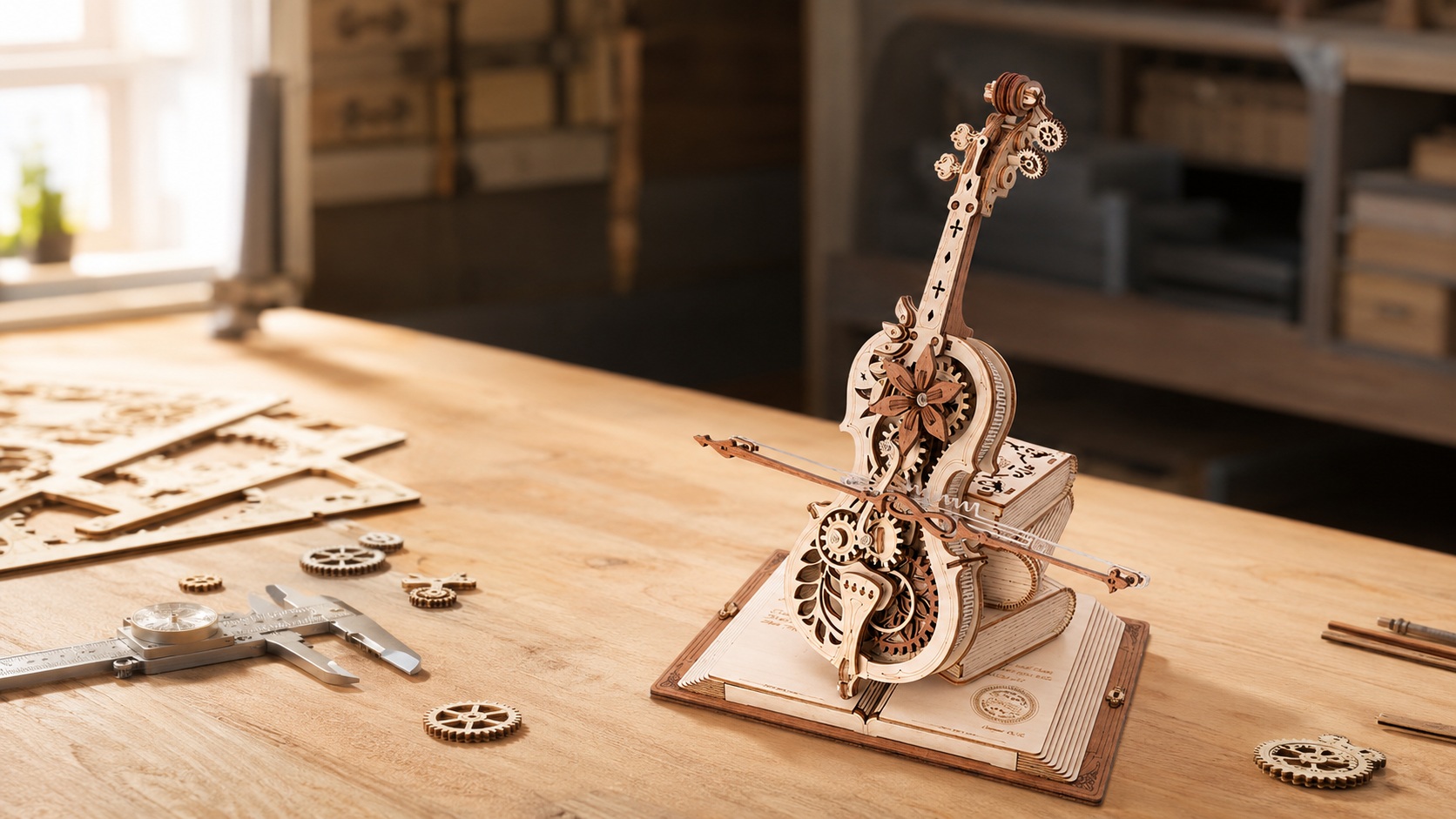 A detailed ROKR wooden mechanical violin model on a craft table with laser-cut parts, gears, and measuring tools