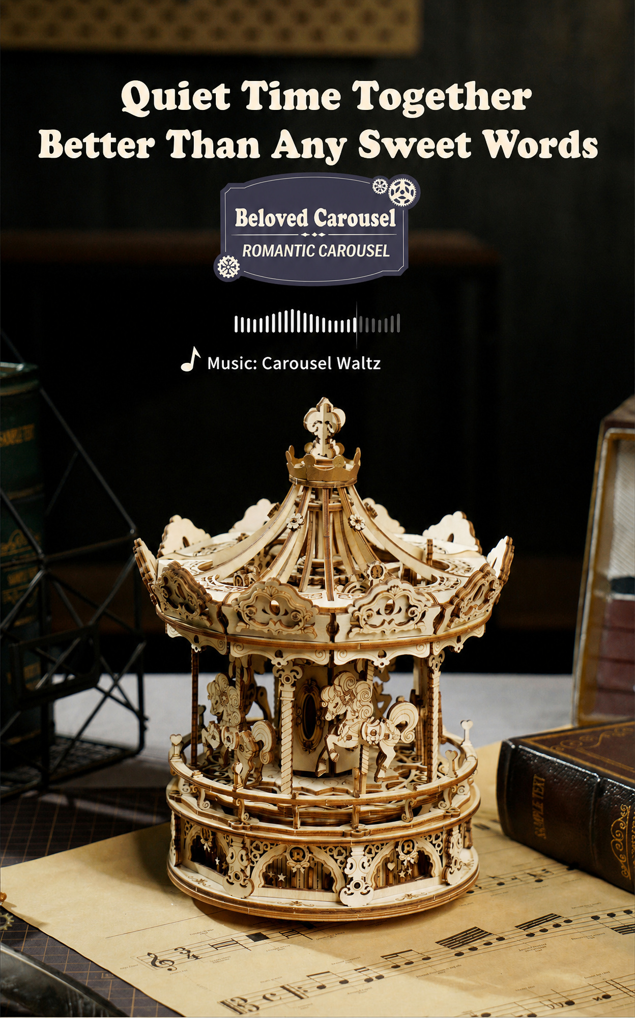 ROKR Romantic Carousel Mechanical Music Box 3D Wooden Puzzle AMK62