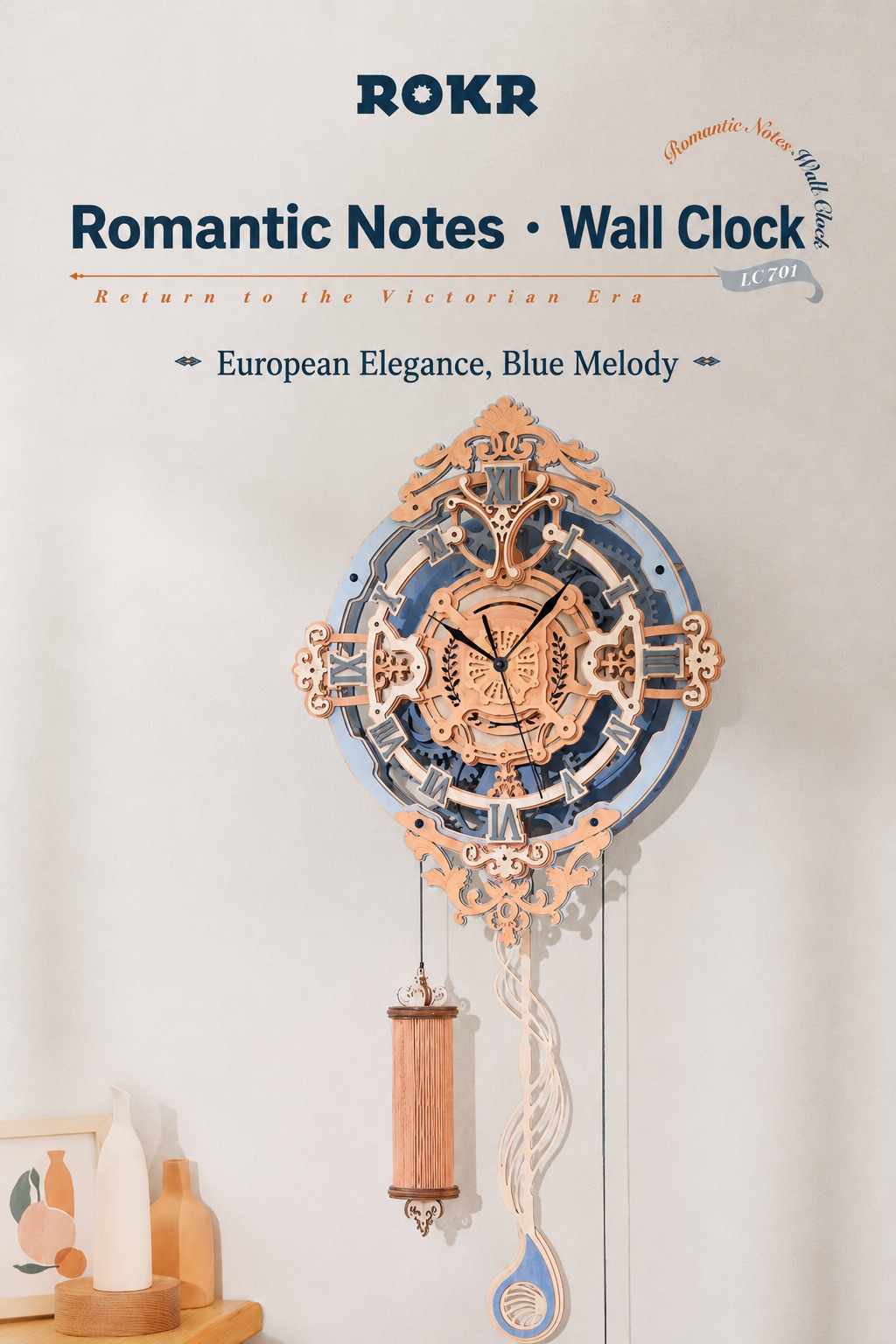 ROKR Romantic Notes Wall Clock LC701 title poster showing the European-style wall clock with blue melody theme and hanging pendulum