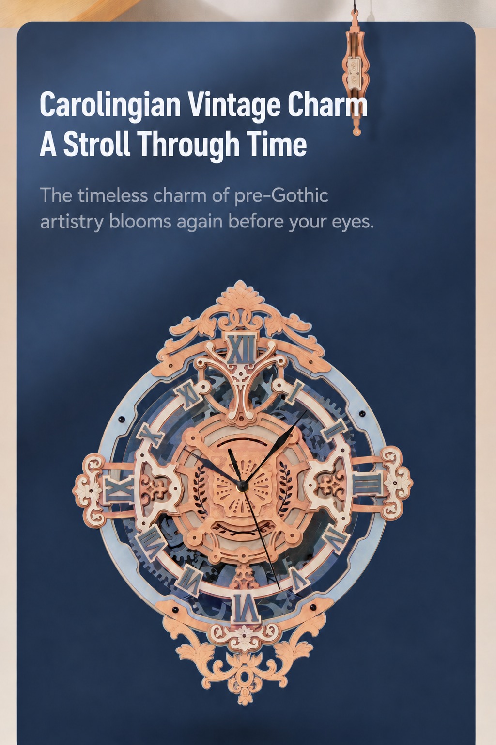 ROKR Romantic Notes Wall Clock LC701 Carolingian vintage charm poster showing the ornate blue and copper clock face