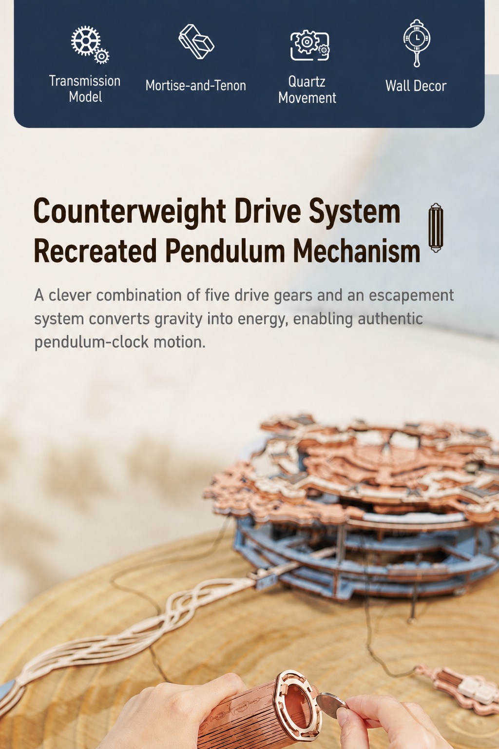 ROKR Romantic Notes Wall Clock LC701 counterweight drive system panel showing recreated pendulum mechanism and five drive gears