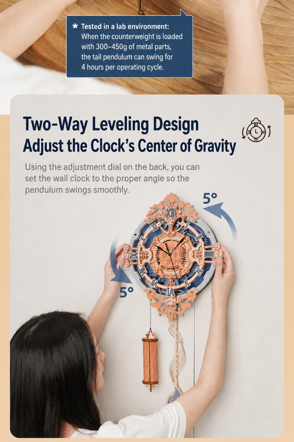 ROKR Romantic Notes Wall Clock LC701 two-way leveling design panel showing hands adjusting the clock center of gravity by five degrees