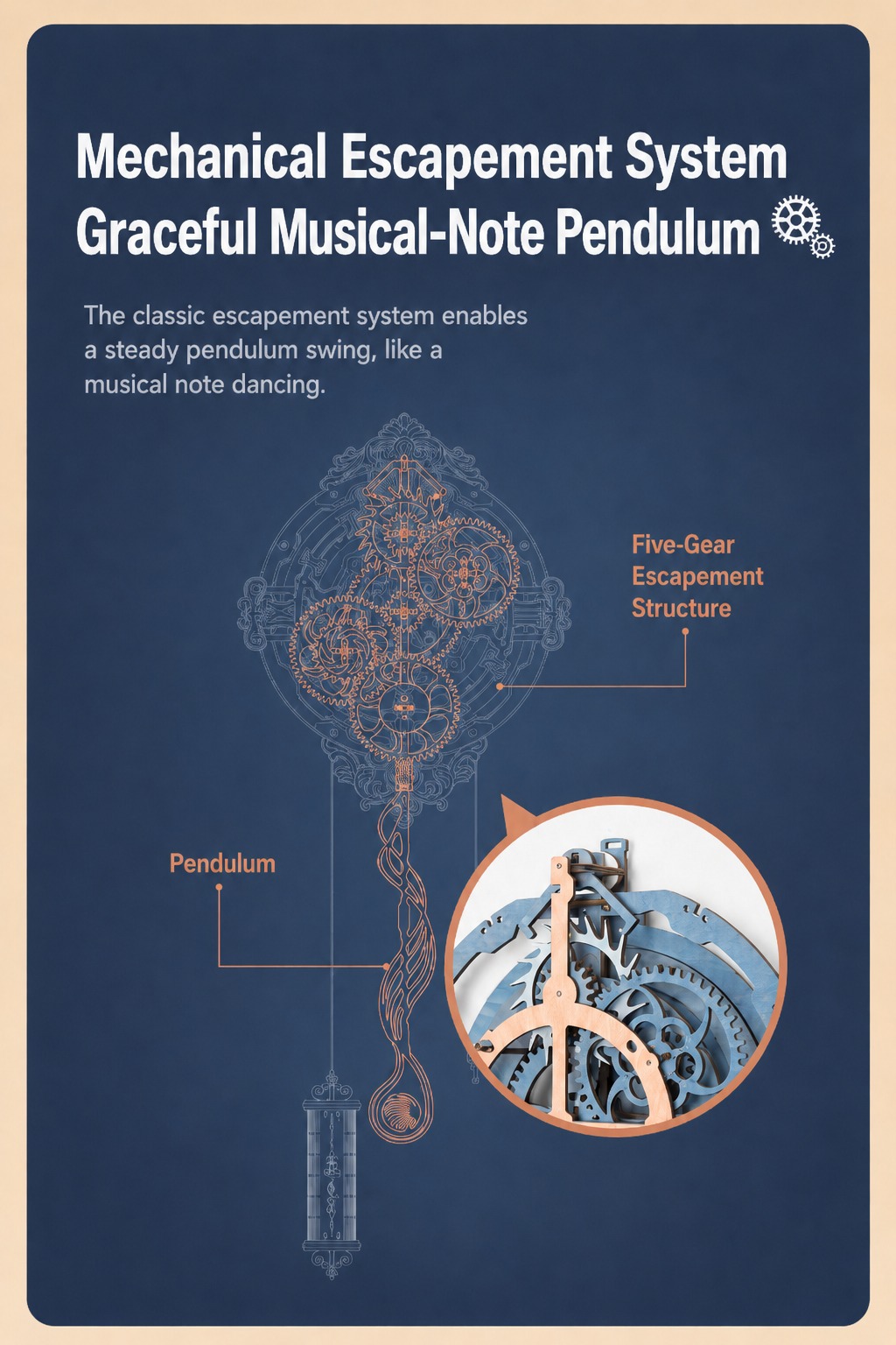 ROKR Romantic Notes Wall Clock LC701 mechanical escapement system diagram showing pendulum, five-gear escapement structure, and clock detail inset