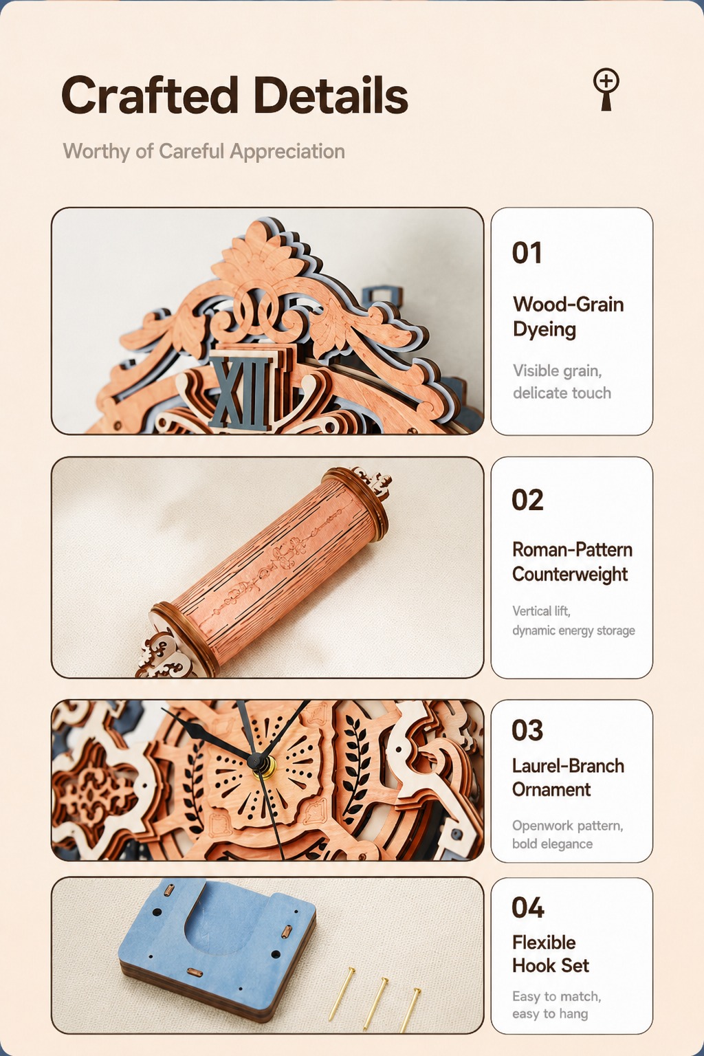 ROKR Romantic Notes Wall Clock LC701 crafted details panel showing wood-grain dyeing, Roman-pattern counterweight, laurel-branch ornament, and flexible hook set