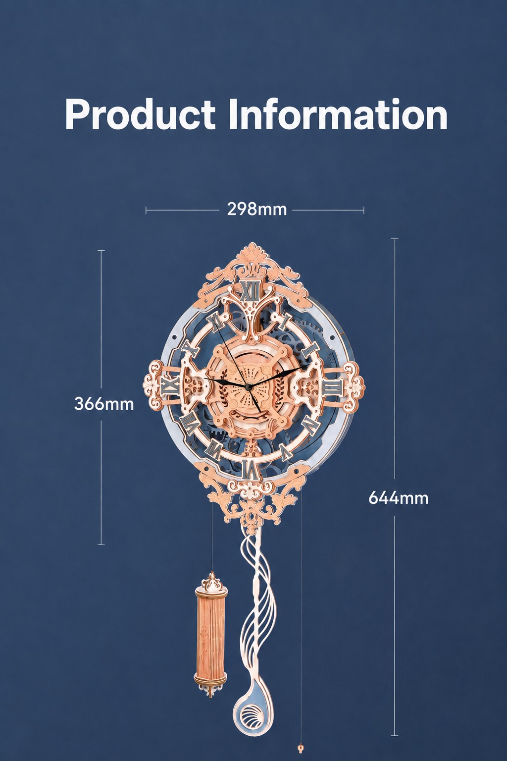 ROKR Romantic Notes Wall Clock LC701 product information size graphic showing 298 mm width, 366 mm clock height, and 644 mm full hanging length
