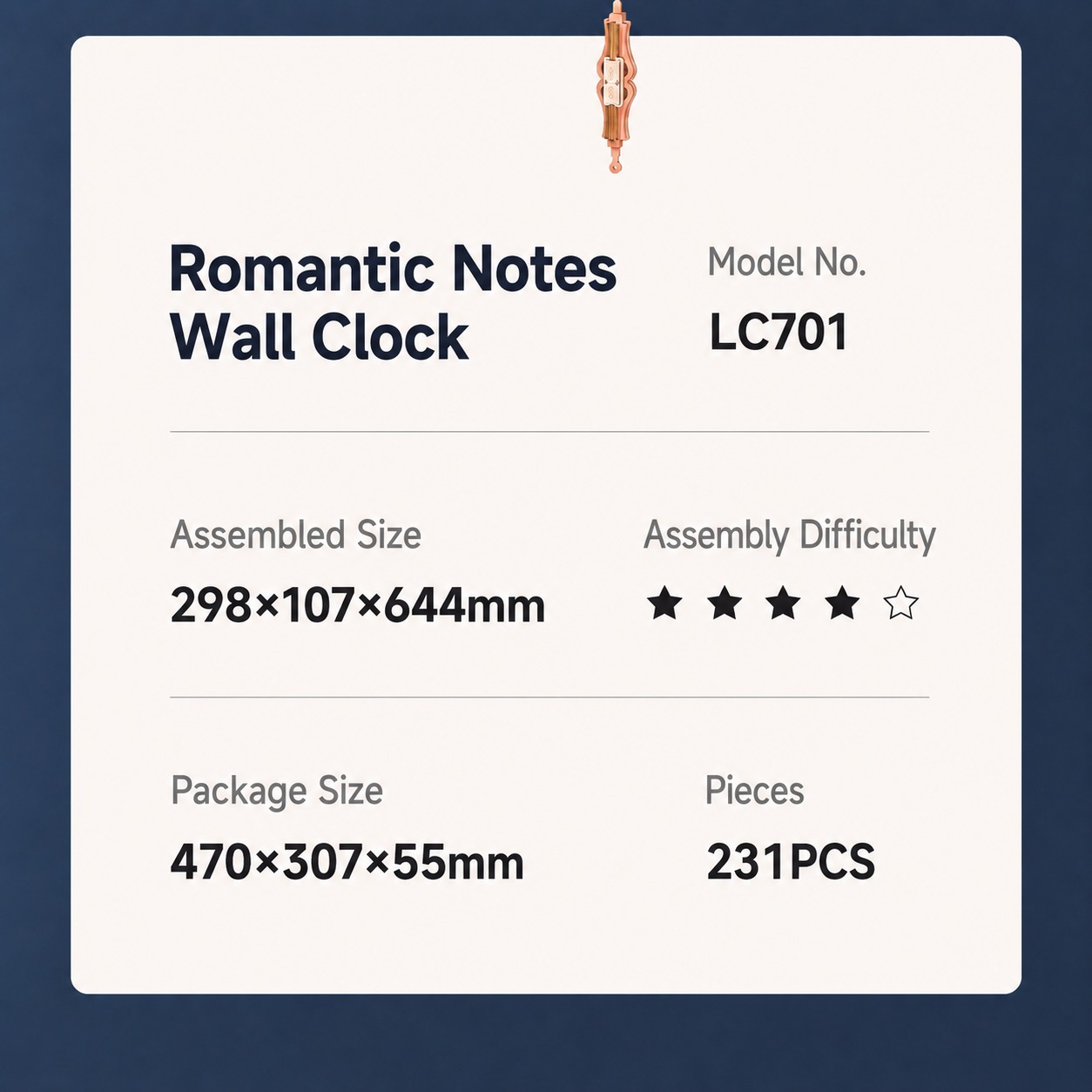 ROKR Romantic Notes Wall Clock LC701 product information panel showing model LC701, assembled size 298 by 107 by 644 mm, package size 470 by 307 by 55 mm, 231 pieces, and difficulty