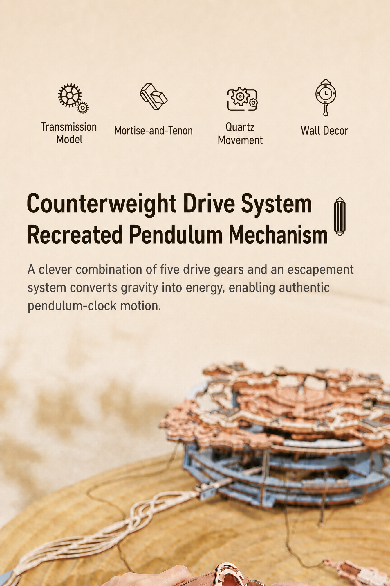 ROKR Romantic Notes Wall Clock LC701 counterweight drive system panel showing recreated pendulum mechanism and five drive gears