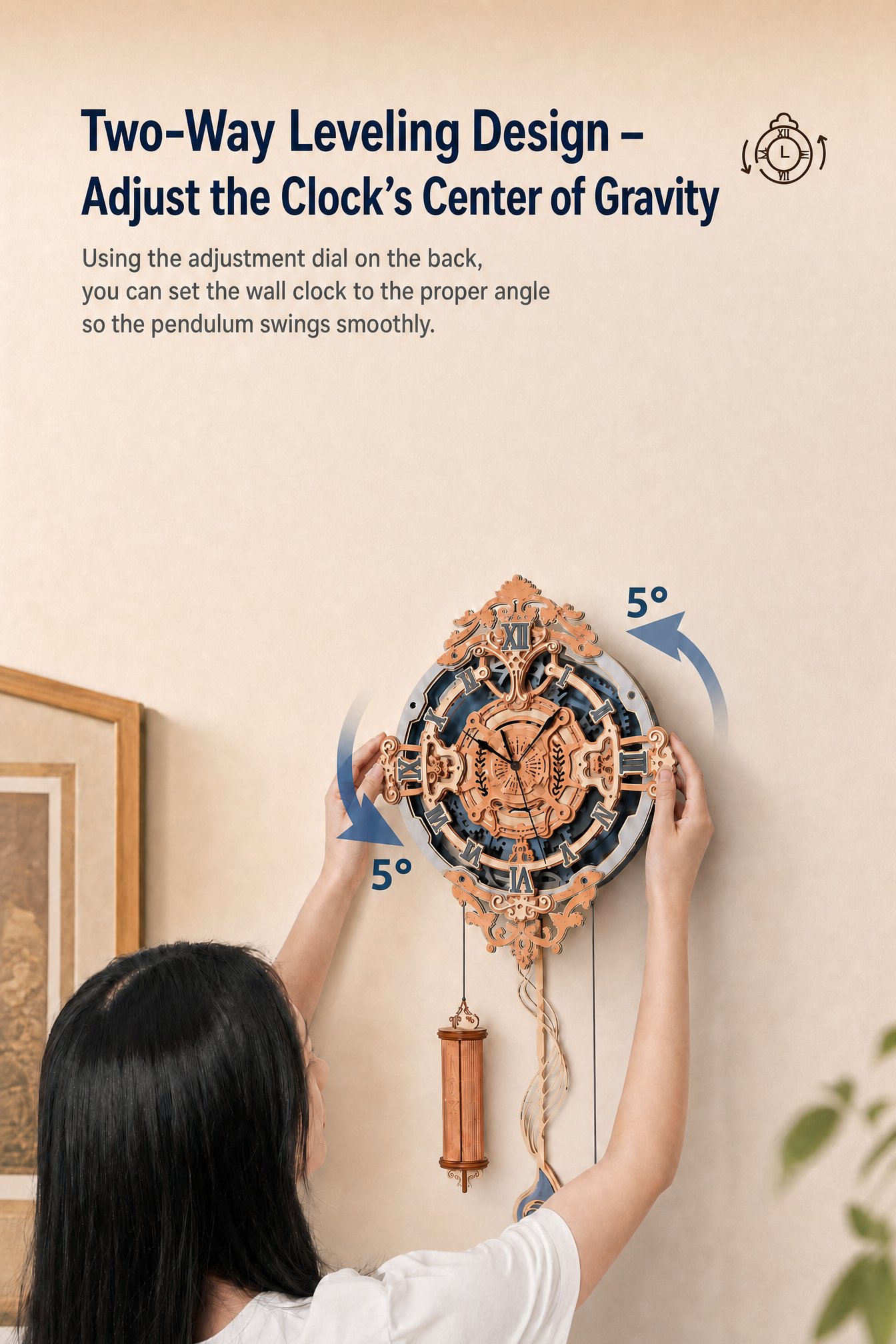 ROKR Romantic Notes Wall Clock LC701 two-way leveling design panel showing hands adjusting the clock center of gravity by five degrees