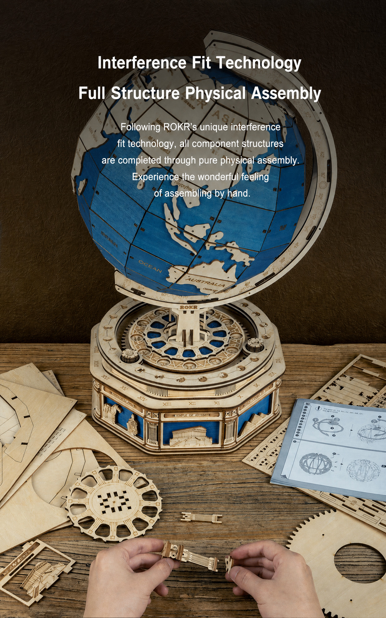 ROKR The Globe ST002 interference fit technology panel with hands assembling wooden parts.