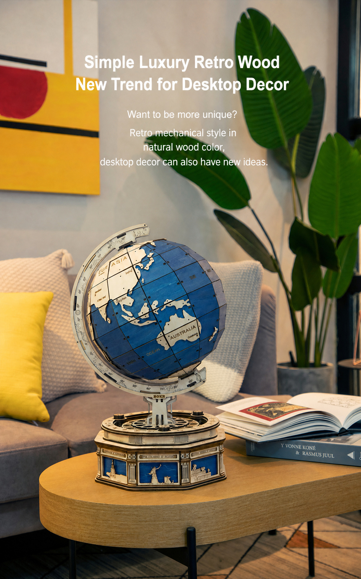 ROKR The Globe ST002 luxury retro wood desktop decor scene with blue globe on a side table.