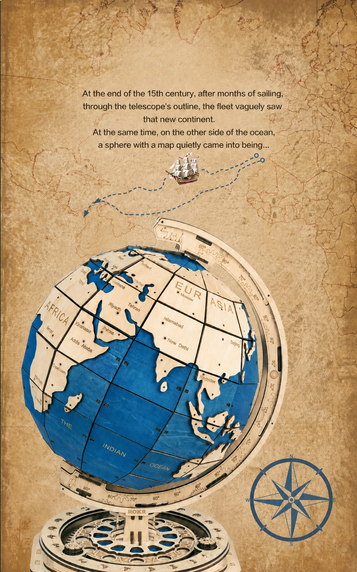 ROKR The Globe ST002 vintage map design panel with compass and ocean exploration theme.